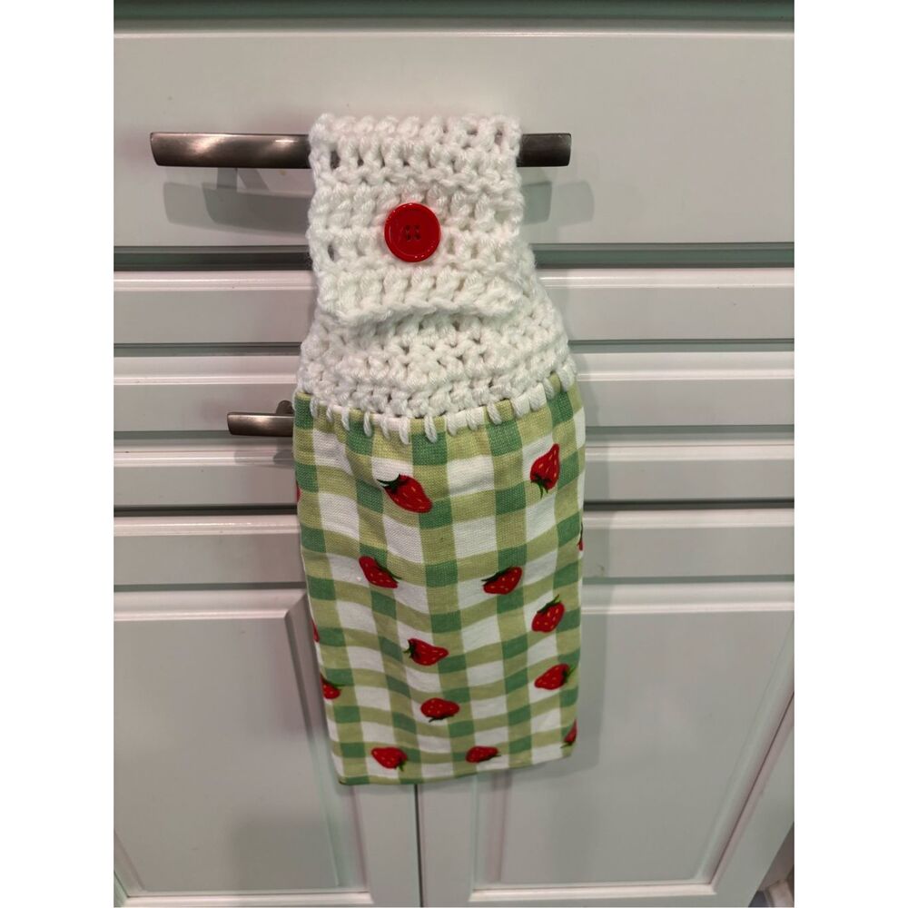 Crochet Top Kitchen Towel-Small strawberries